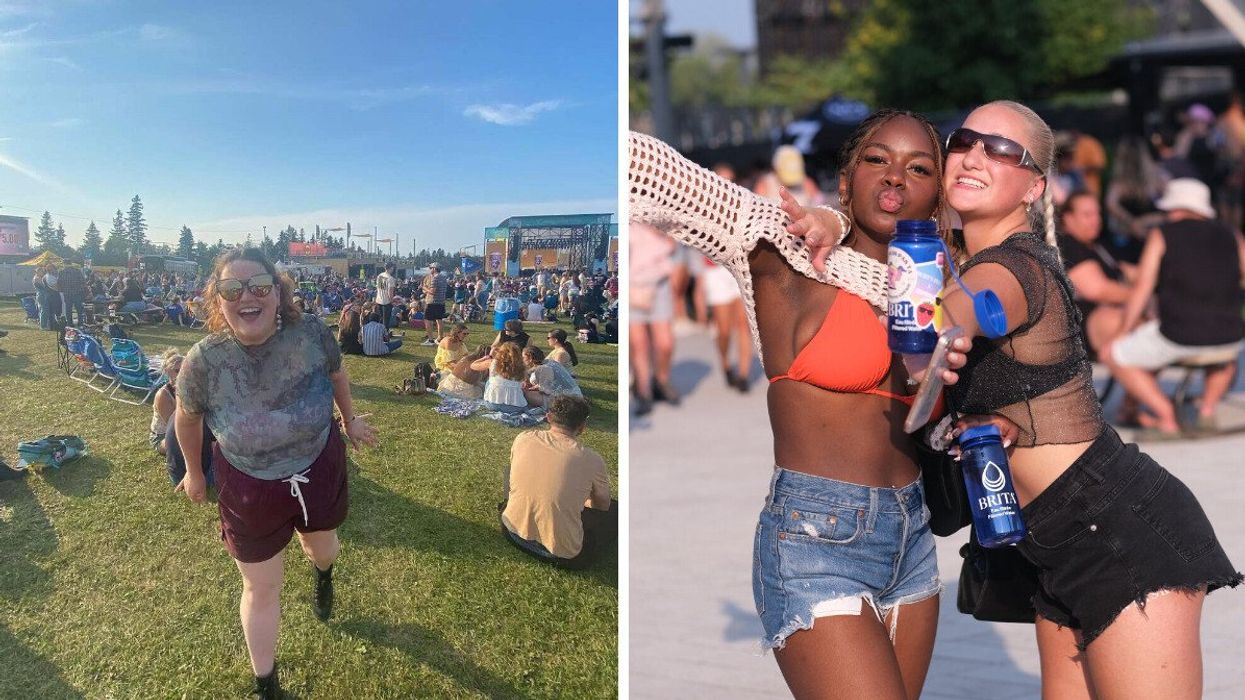 A festivalgoer smiling on the grass in front of a stage outdoors. Right: Two young women smiled while holding Brita water bottles at Osheaga.