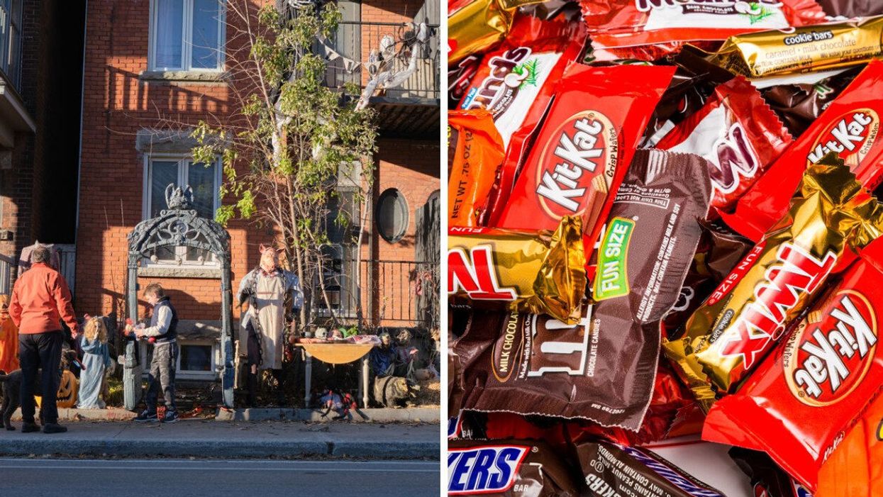A few trick or treaters. Right: A bunch of Halloween candy.