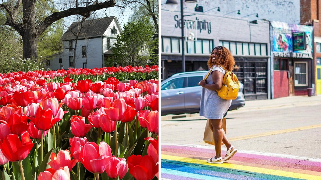 A field of tulips in Topeka, KS. Right: A woman walking on a crosswalk in Topeka, KS.