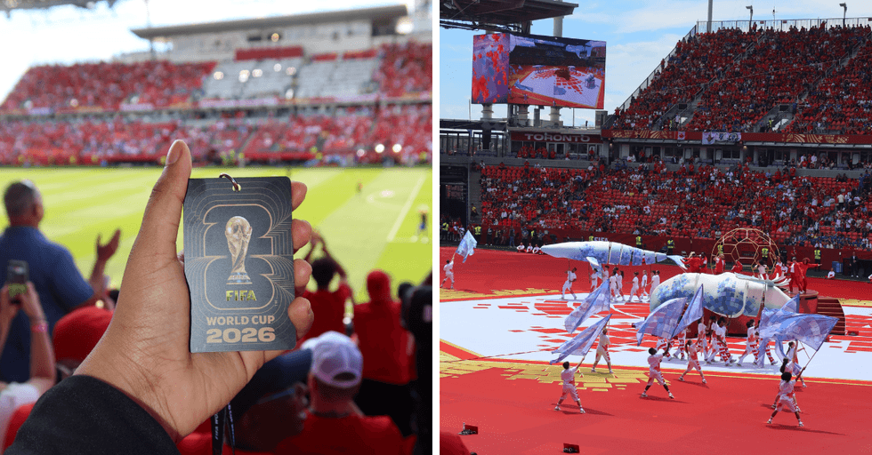 A FIFA World Cup 2026 access pass at Toronto Stadium. Right: The opening ceremony of the FIFA match in Toronto.