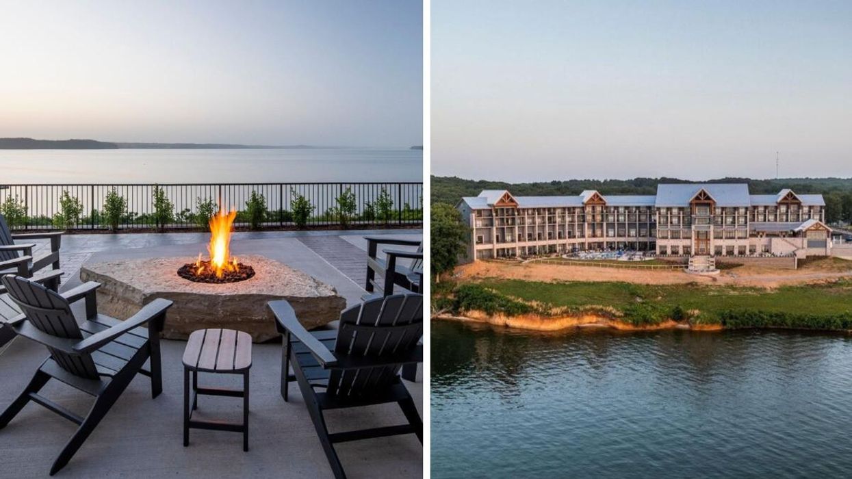 A fire pit overlooking the lake. Right: The Lodge at Paris Landing.