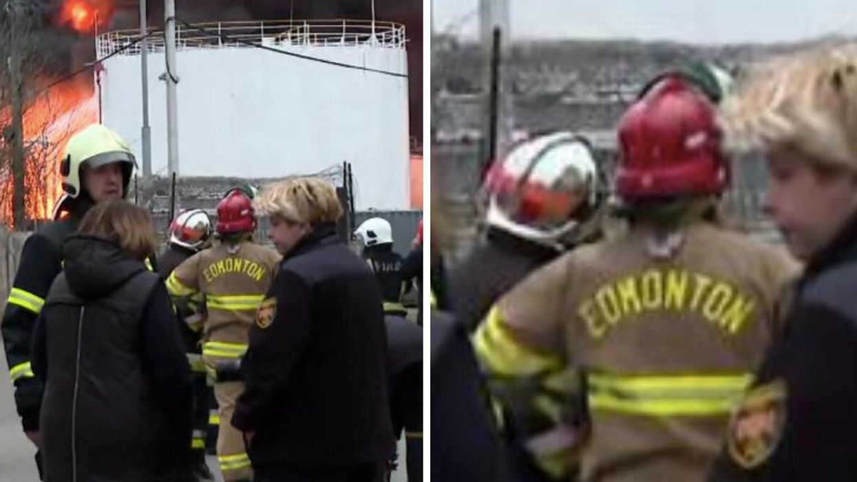 A Firefighter in Ukraine wearing a jacket with Edmonton on the back. Right: A close-up of the jacket.