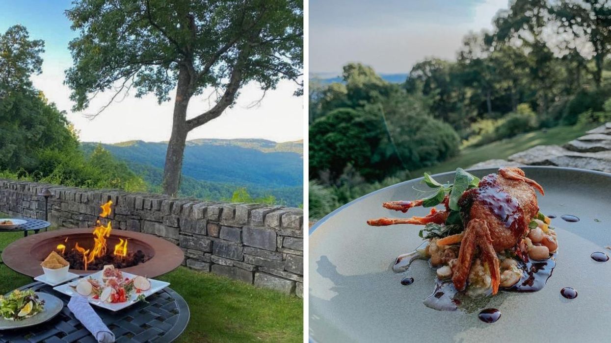 A firepit and table overlooking the mountains. Right: A meal at Gideon Ridge Inn.