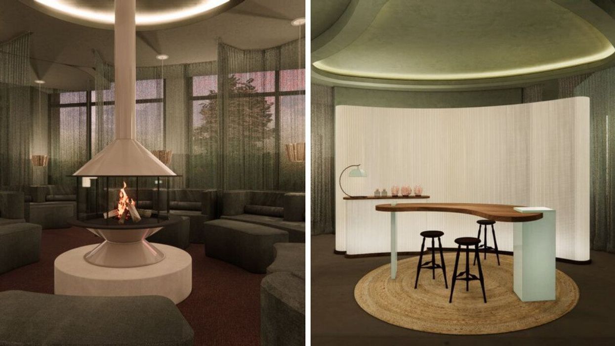 A fireplace in the middle of a room. Right: A table with stools.