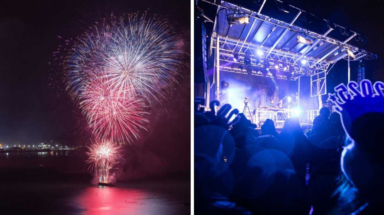 A fireworks display on water. Right: A New Year's Eve celebration.