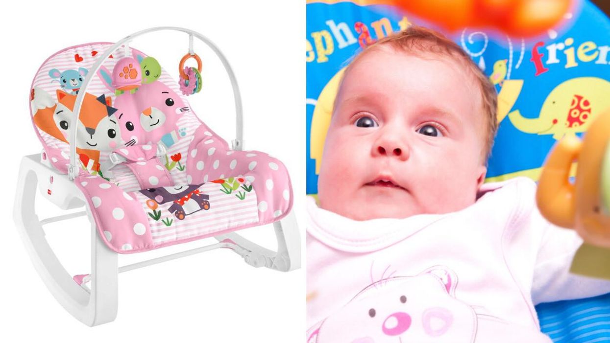 A Fisher-Price rocker. Right: A baby sitting in a rocker.