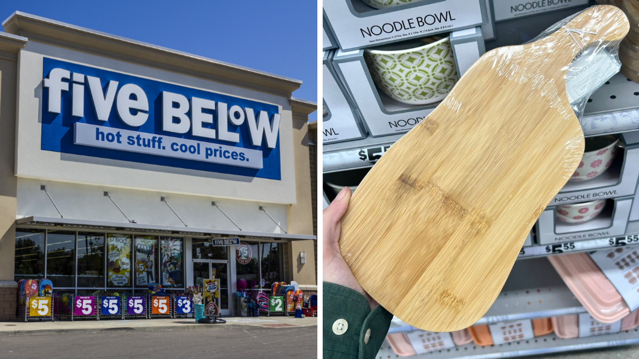 A Five Below store. Right: A wooden serving board from Five Below.