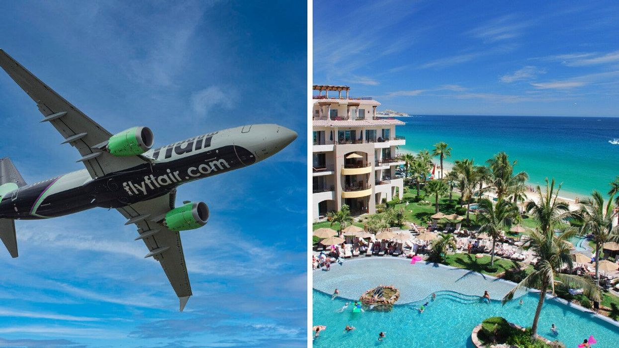 A Flair Airlines airplane. Right: A resort in Mexico