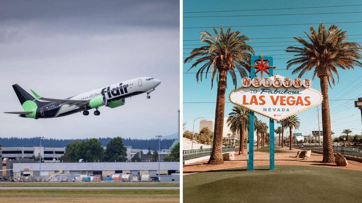 A Flair Airlines airplane. Right: The "Welcome To Las Vegas" sign