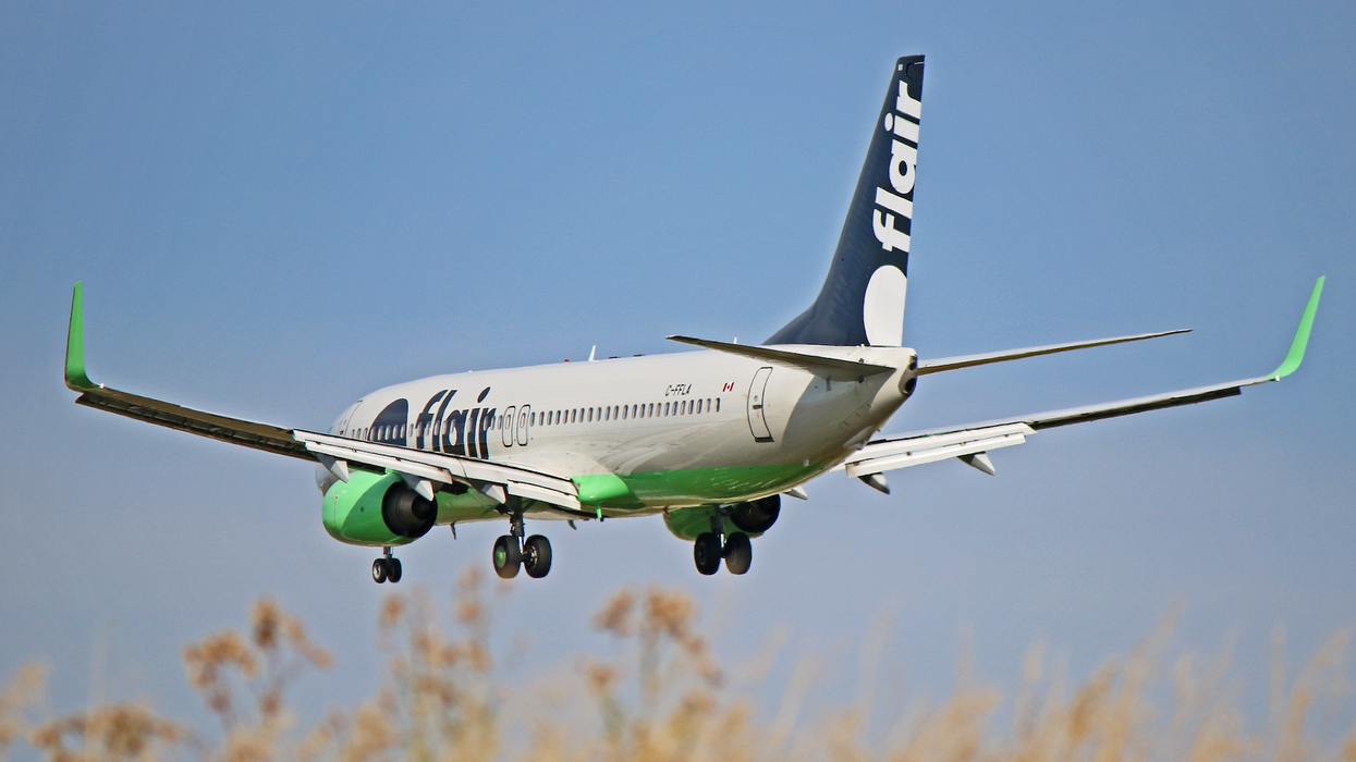A Flair Airlines plane taking off.