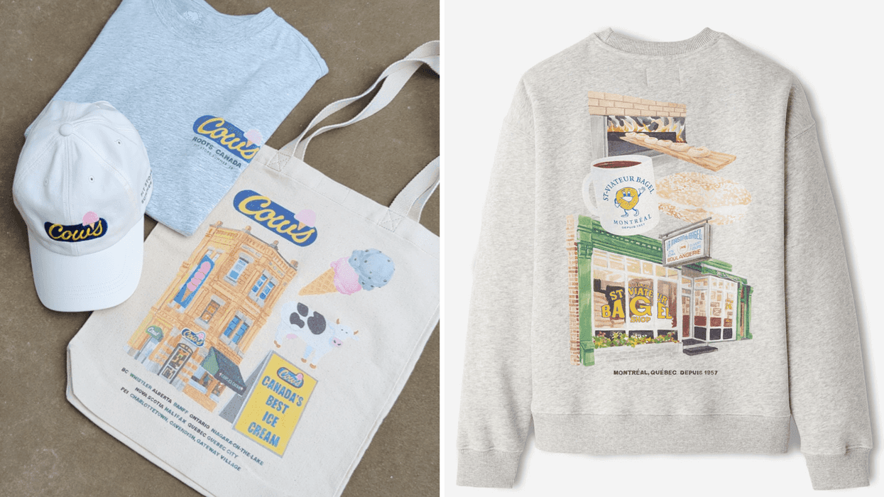 A flat lay of a tote bag, cap and folded t-shirt. Right: A sweater.