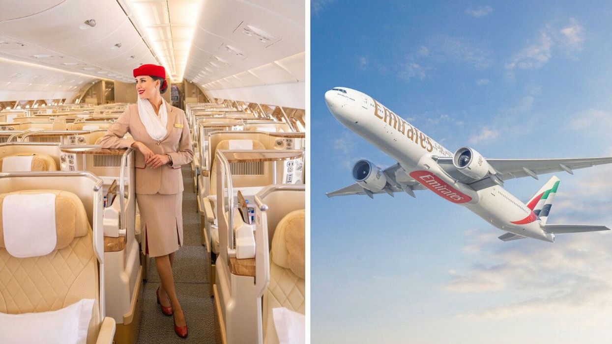 A flight attendant on a plane. Right: A plane in the sky.