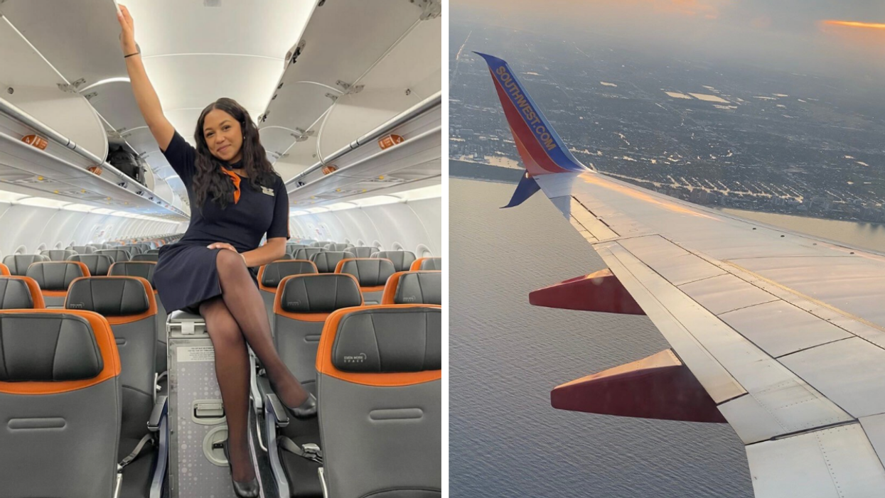 A flight attendant on a plane. Right: View out the window of an airplane in flight.