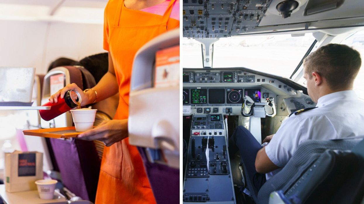 A flight attendant pouring a drink. Right: A pilot in a plane.