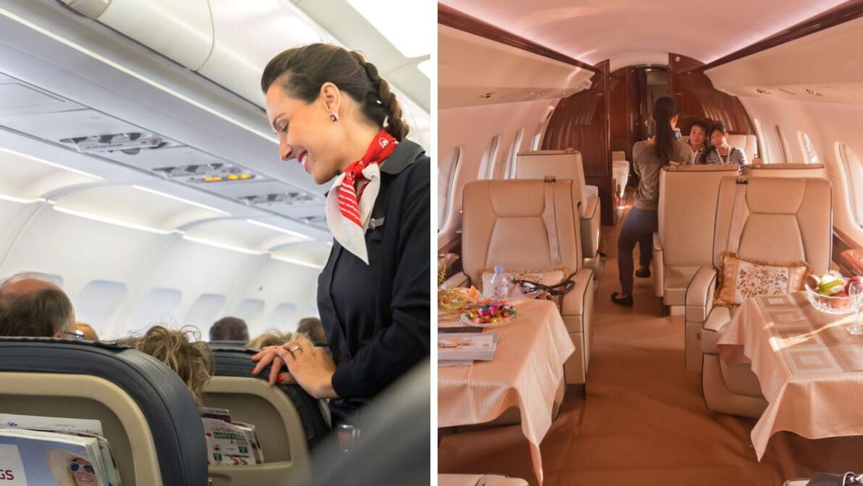 A flight attendant. Right: A private jet.