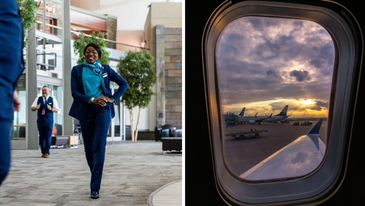 A flight attendant. Right: Plane views.