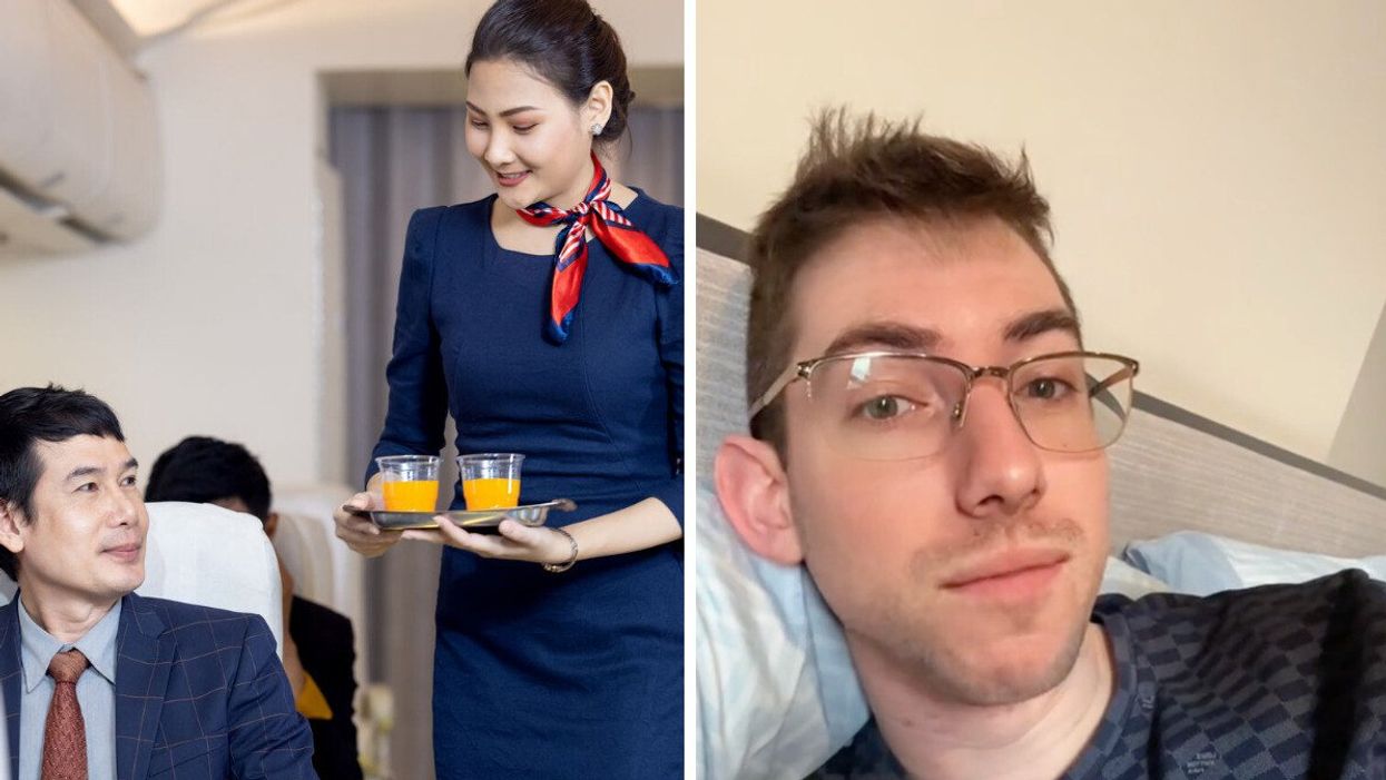 A flight attendant serving juice to a passenger. Right: The TikToker explaining his travel hack.