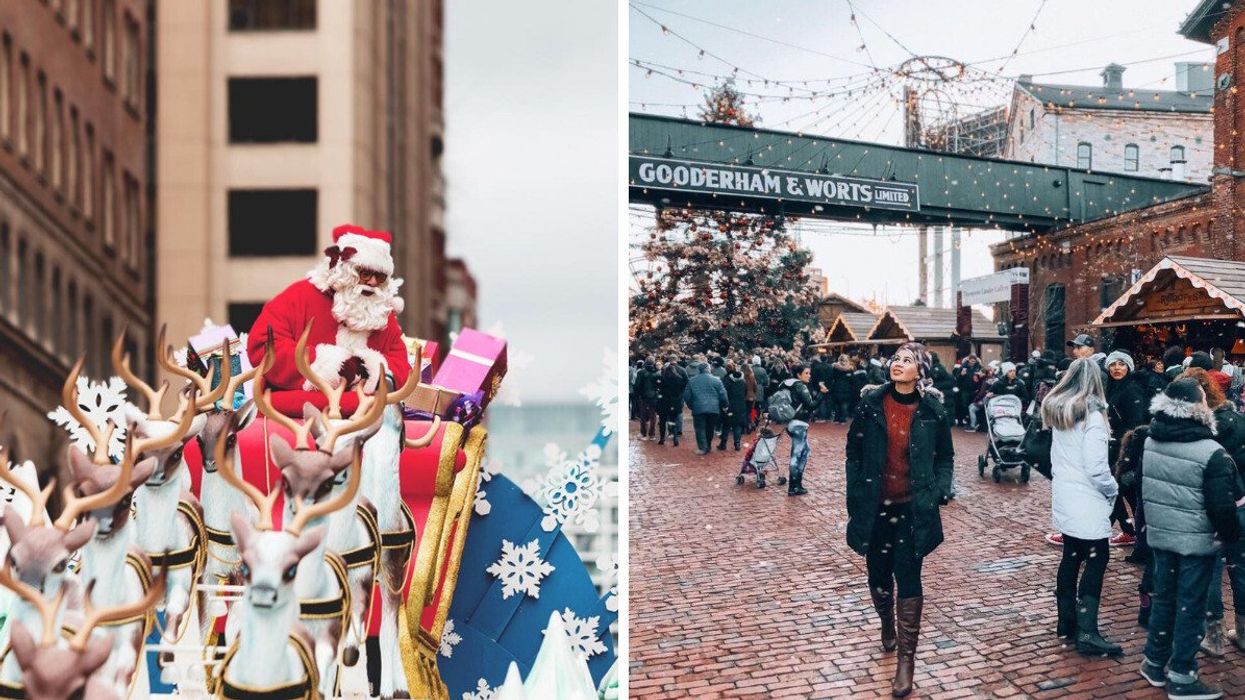 A float at a Santa Claus parade. Right: A person walking through a Christmas market.