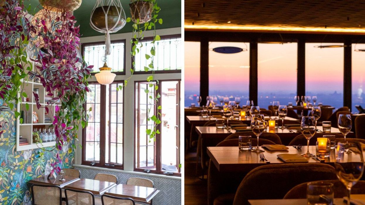 A floral-inspired dining space in Toronto's Maison Selby. Right: The dining room at Canoe in Toronto, with a panoramic view of the sunset.