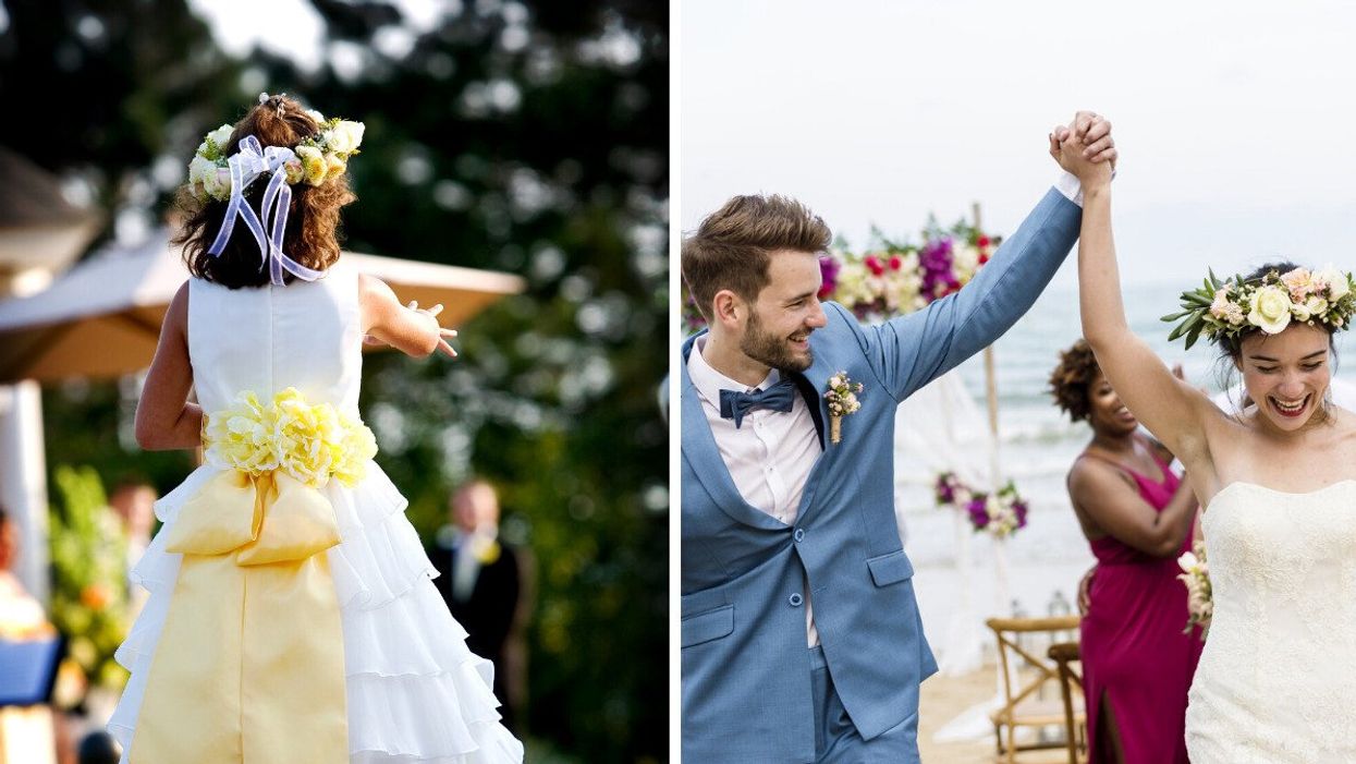A flower girl at a wedding. Right: Newlyweds at their beach wedding ceremony.