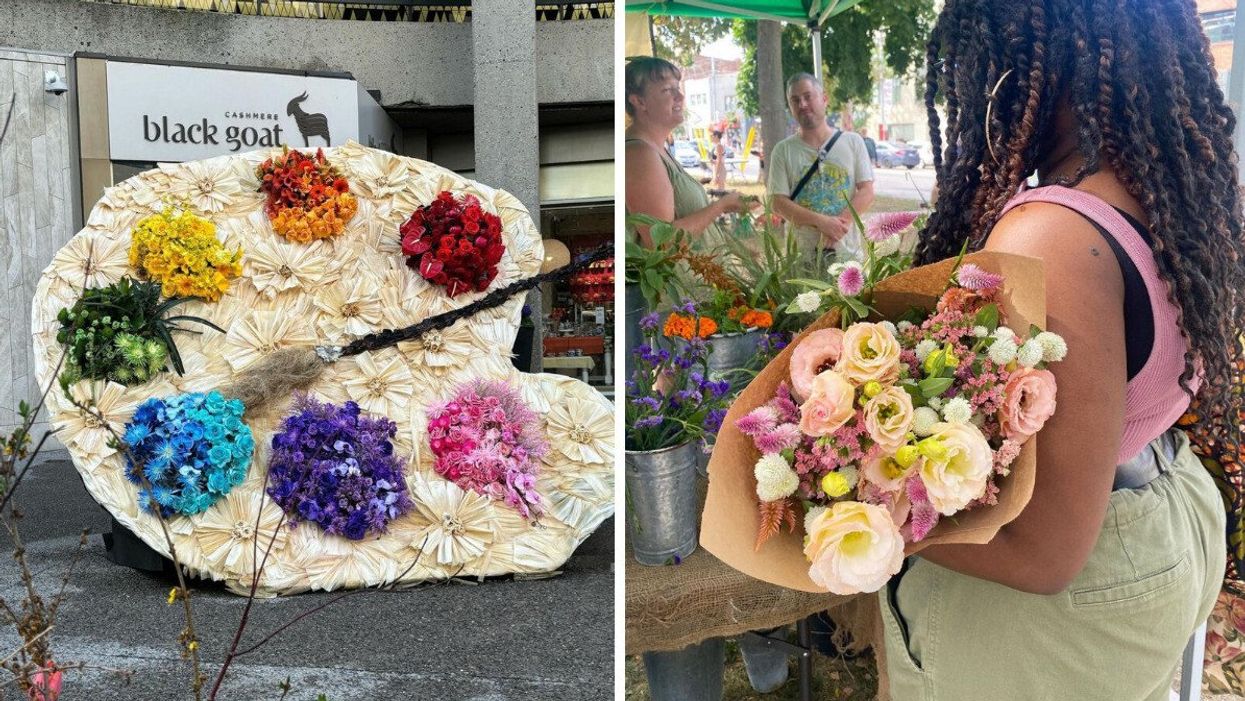 A flower installation. Right: A person holding a bouquet of flowers.