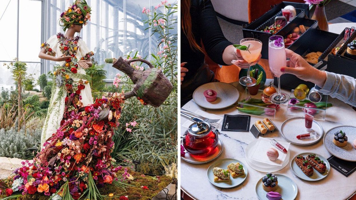 A flower installation. Right: Beauty-themed high tea.