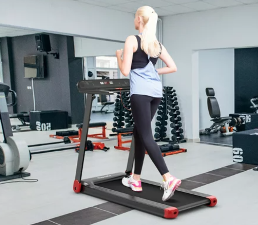 A foldable treadmill.