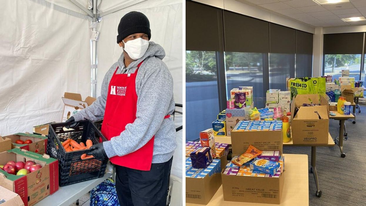 A food bank employee. Right: Boxes of food.