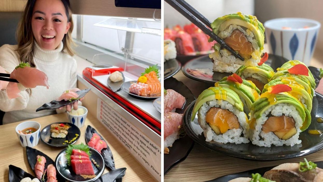 A food blogger eats sushi at a restaurant and, right, a picture of the sushi rolls