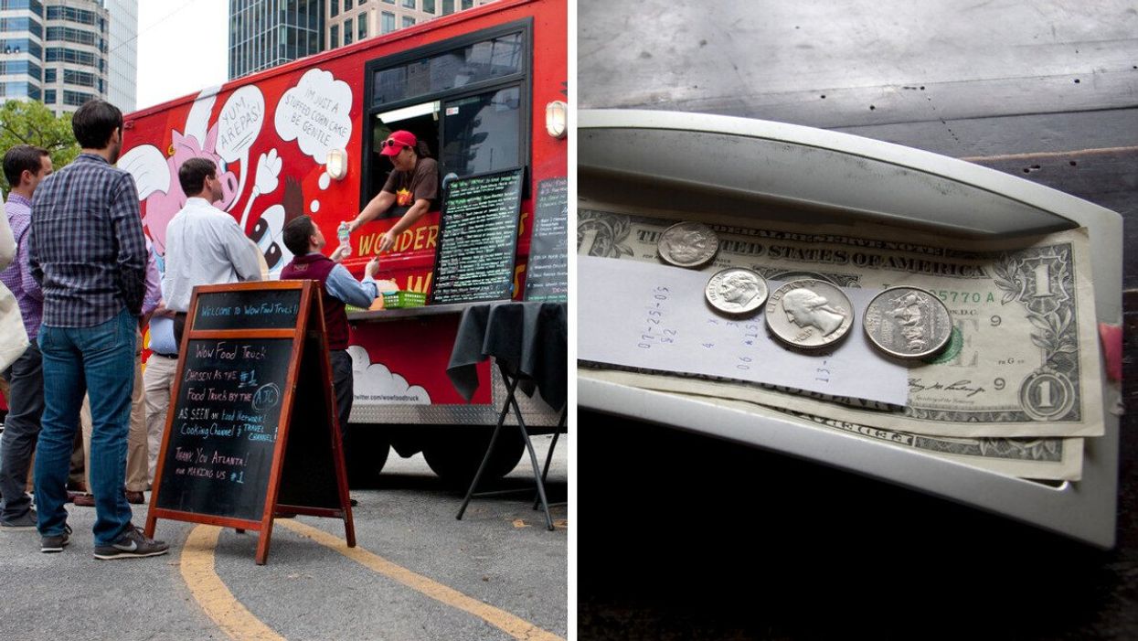 A food truck. Right: A tip left with a bill.