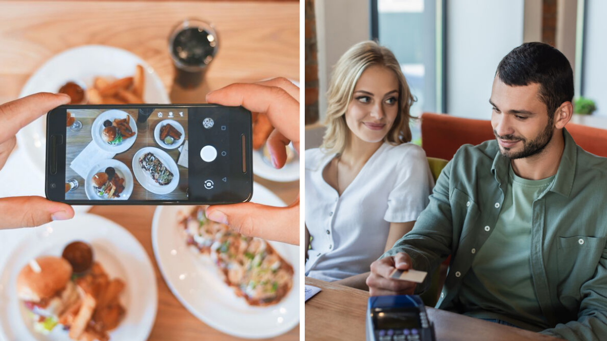 A foodie taking a picture of plates of food. Right: A couple paying at a restaurant.