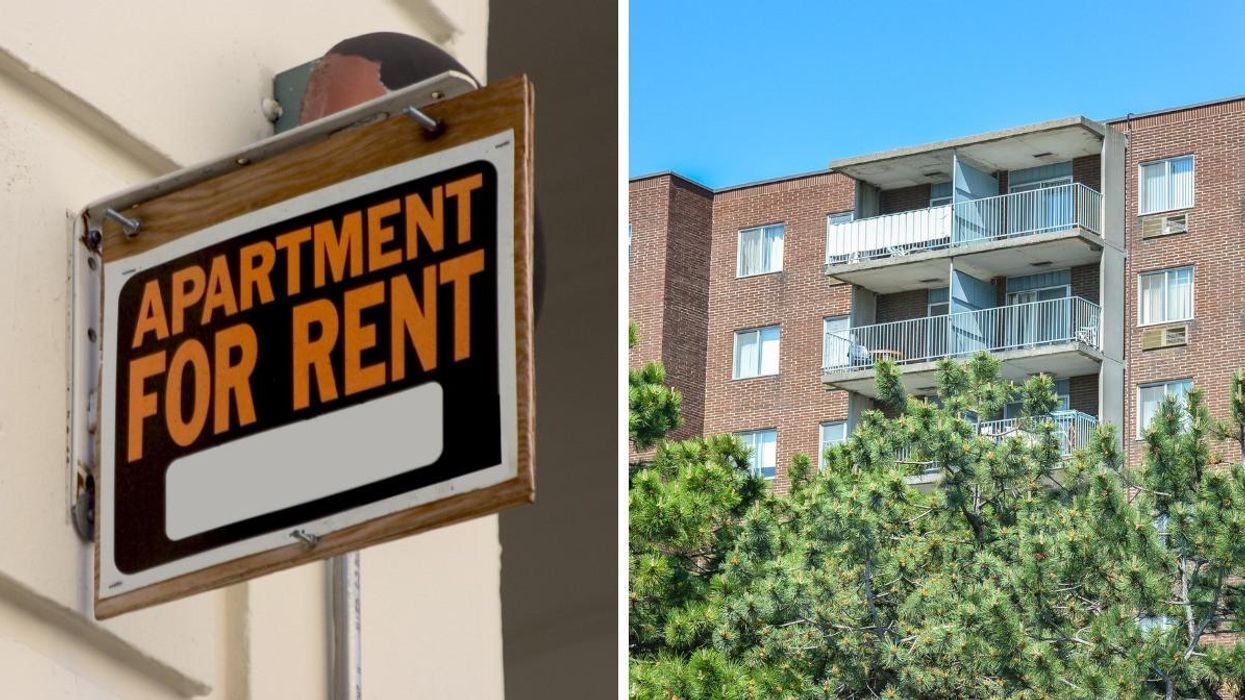 A 'For Rent' sign. Right: An apartment building in Montreal.