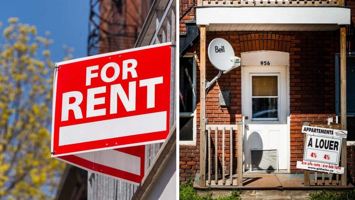 A "For Rent" sign. Right: An apartment for rent in Montreal.