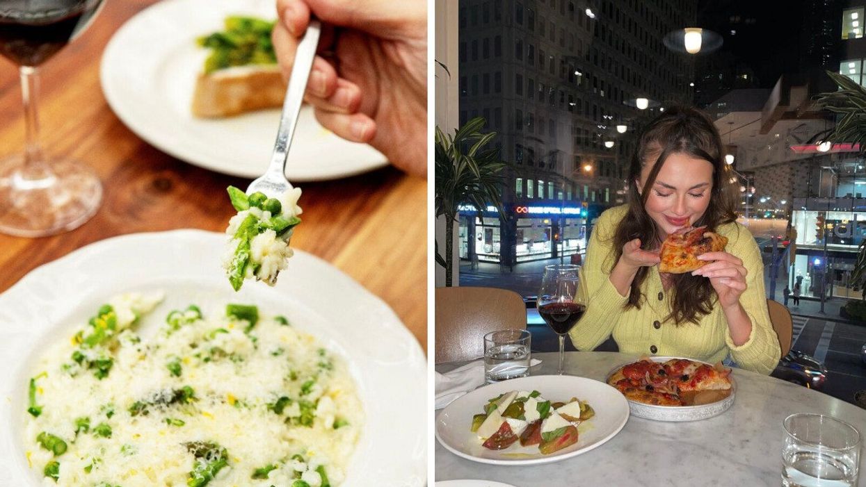 A fork and pasta dish. Right: Woman eating pizza.