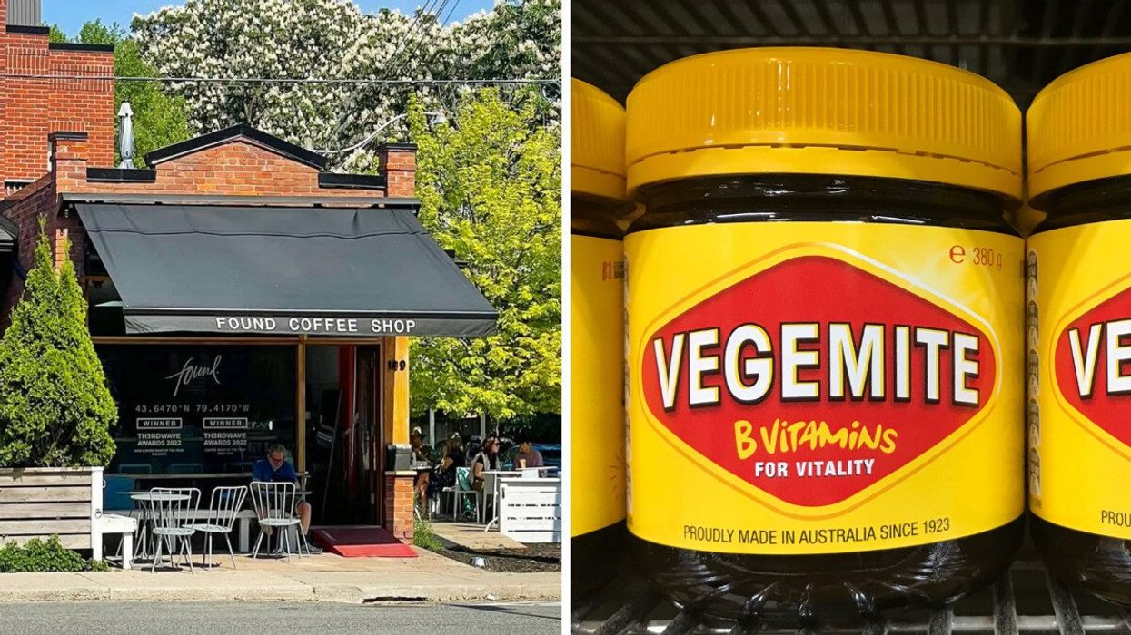 A Found Coffee location in Toronto, Ontario. Right: A jar of Vegemite on a shelf, with a label that reads "proudly made in Australia since 1923."