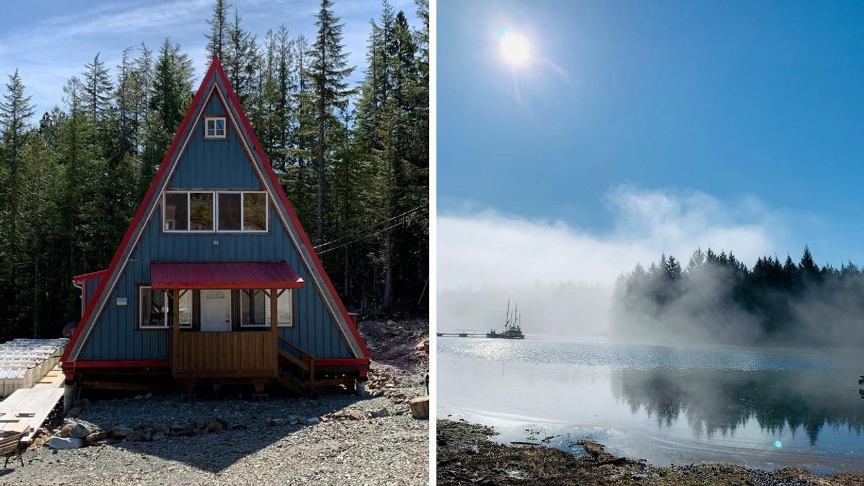 A-frame home on the lot. Right: Ocean views from the lot.