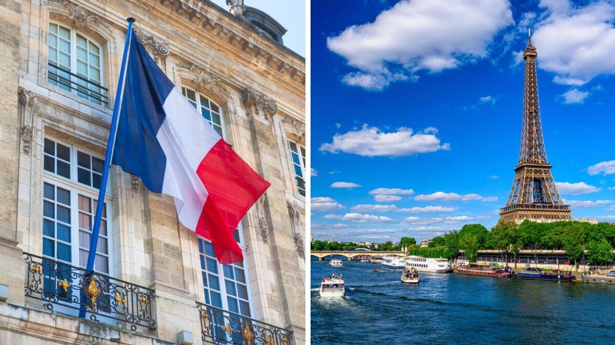A French flag. Right: The Eiffel Tower.