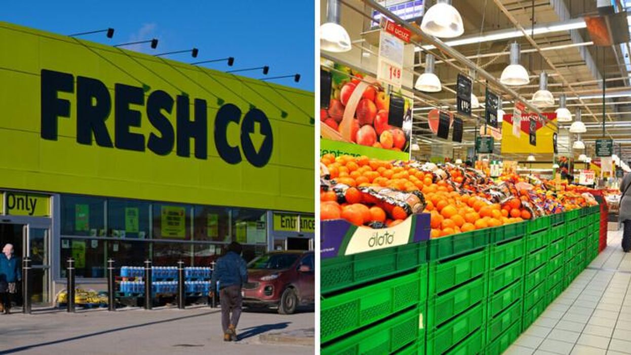 A FreshCo in Ottawa. Right: A grocery aisle full of oranges