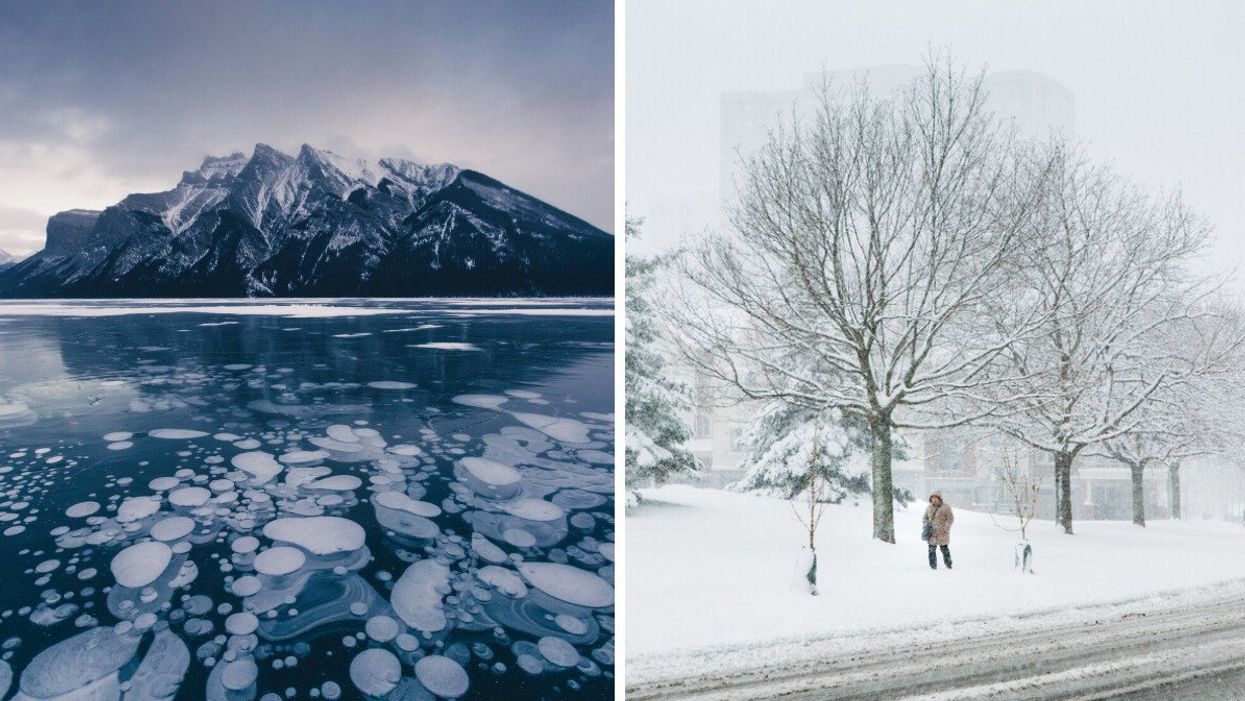 A frozen lake is seen with a snow-capped mountain in the distance. Right: A person walks under a tree in a snowy landscape.