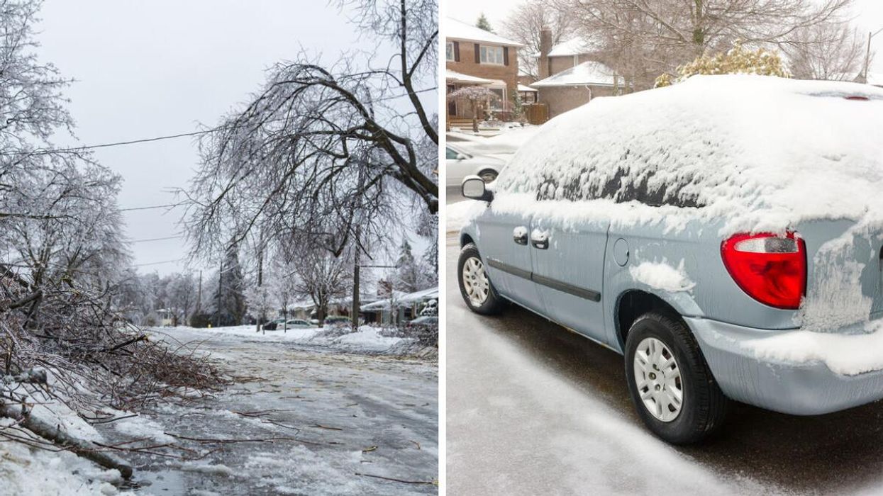 A frozen road in Ontario. Right: A car covered in ice.