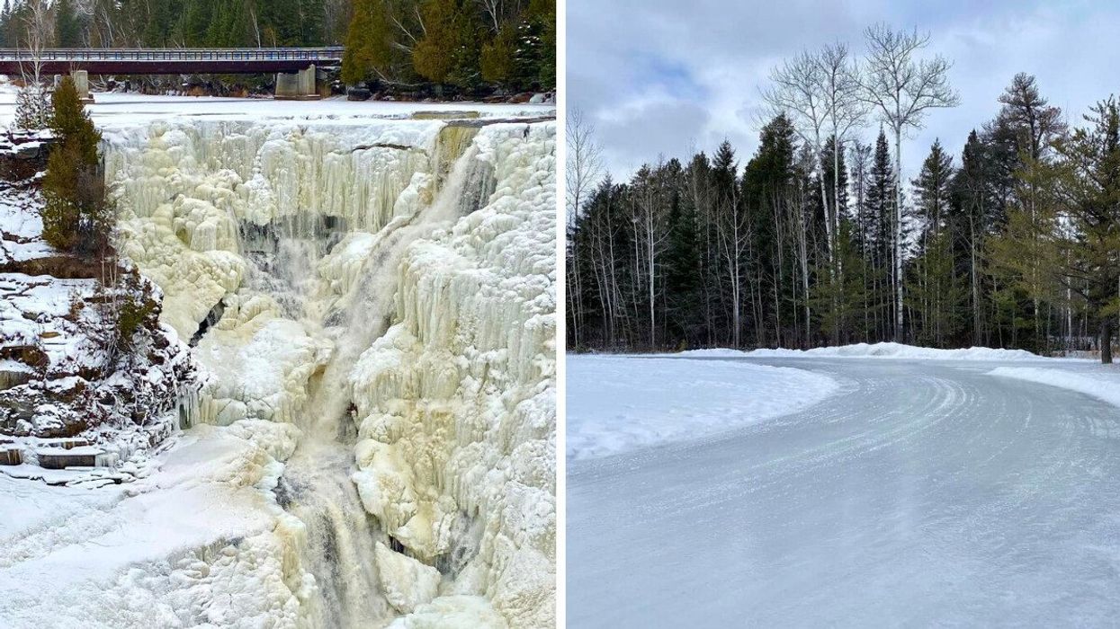 A frozen waterfall. Right: An ice skating trail.