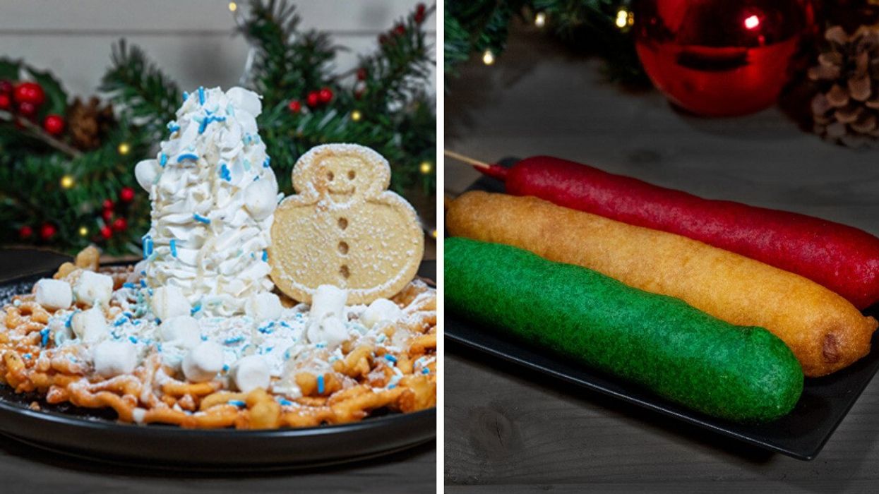 A funnel cake with a vanilla ice cream swirl, marshmallow and a santa-shaped sugar cookie. Right: Three corn dogs covered in green, white and red batter.