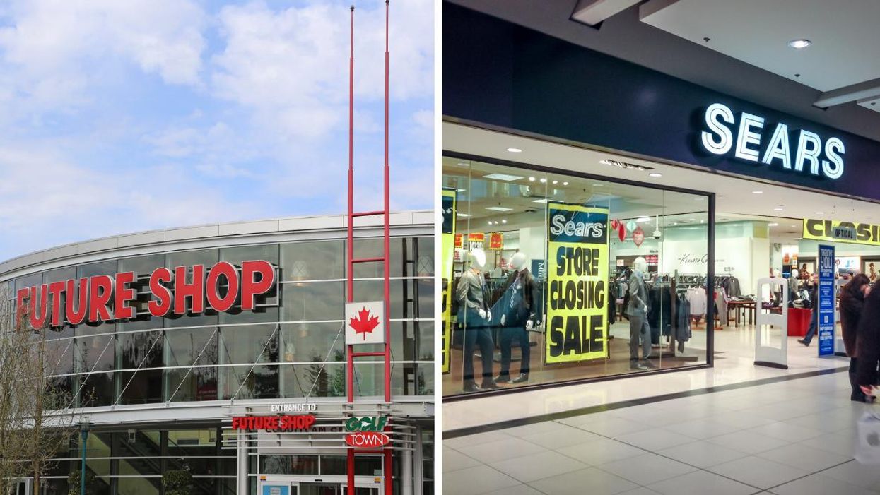 A Future Shop in Coquitlam. Right: A Sears store closing down.