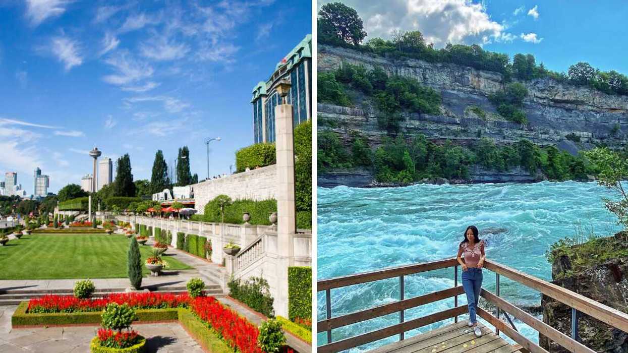 A garden in a city. Right: A person standing by rushing water.