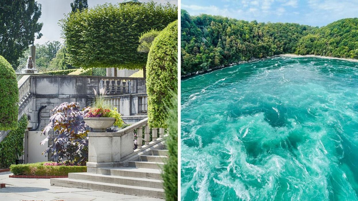 A garden. Right: Blue water surrounded by trees.