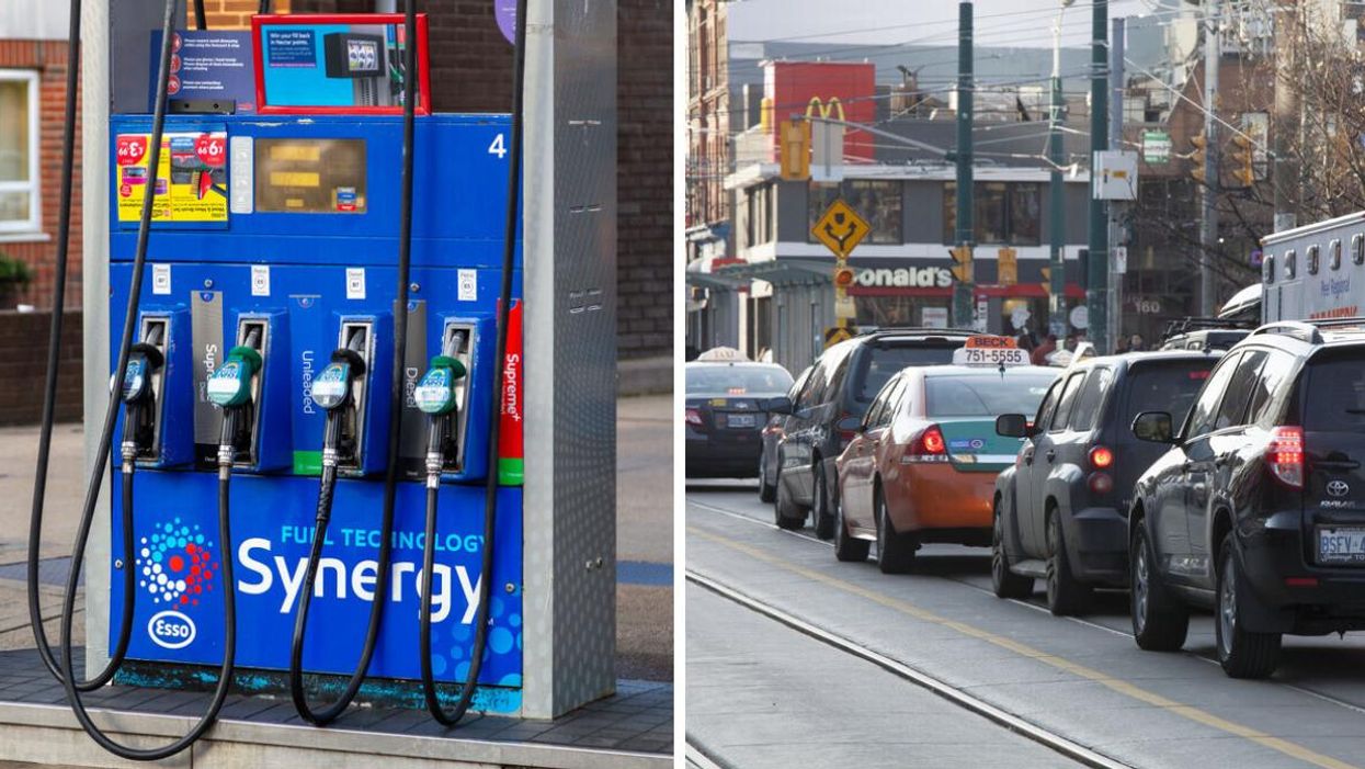 A gas pump. Right: Toronto traffic.
