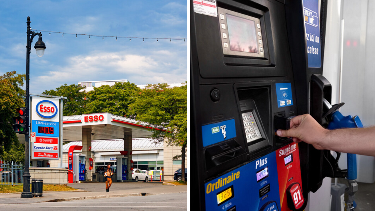 A gas station in Montreal. Right: A person paying at a Quebec pump.