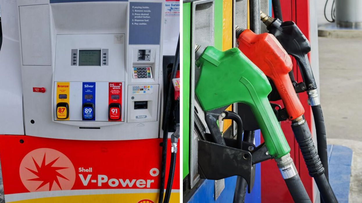 A gas station pump. Right: Gas nozzles.