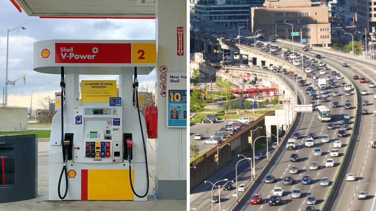 A gas station pump. Right: Lanes and lanes of vehicle traffic.