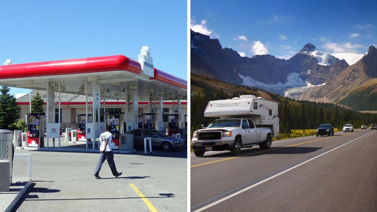 A gas station. Right: Cars on an Alberta highway.